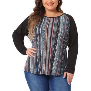 Plus Size Raglan Tee Print Long Sleeve Tunic T-Shirt Loose Blouses Blue